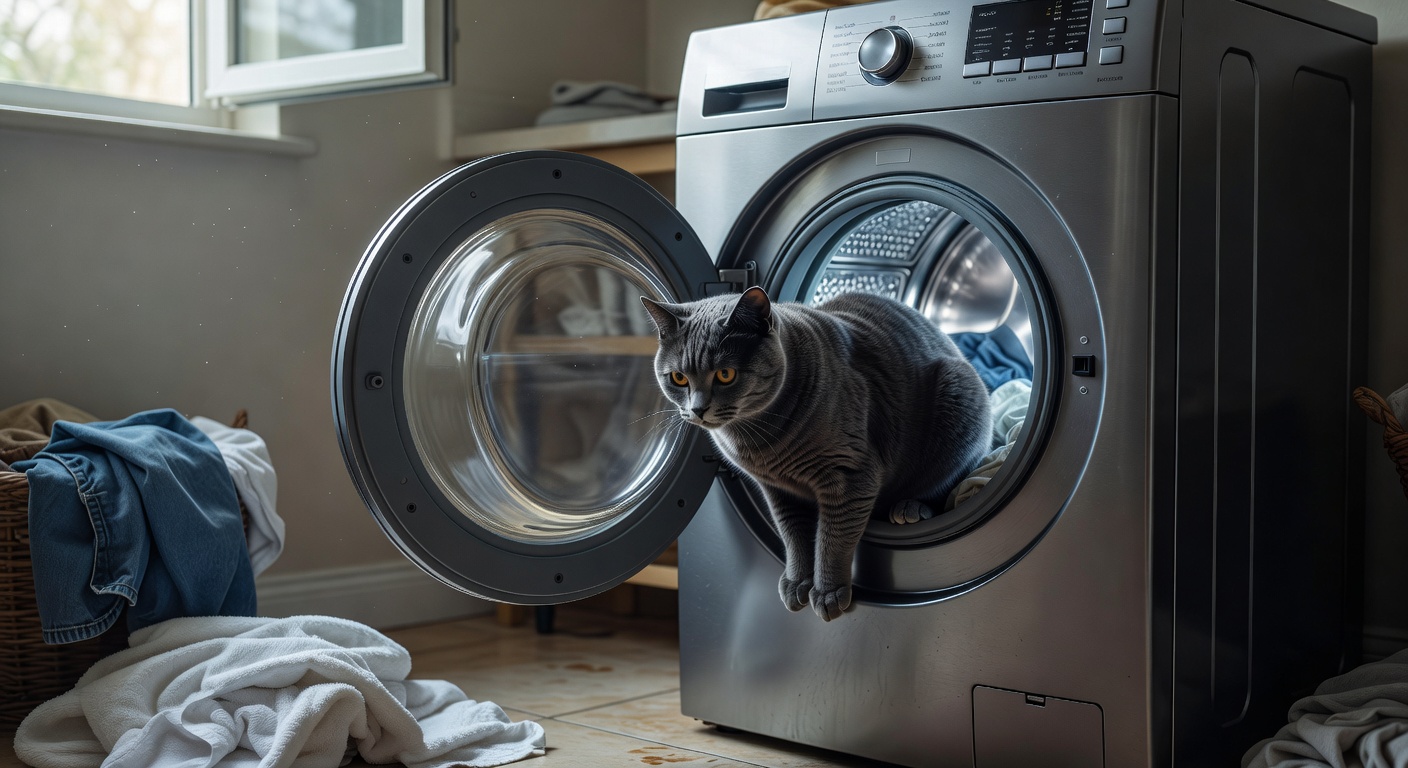 Grey Cat Using Washing Machine
