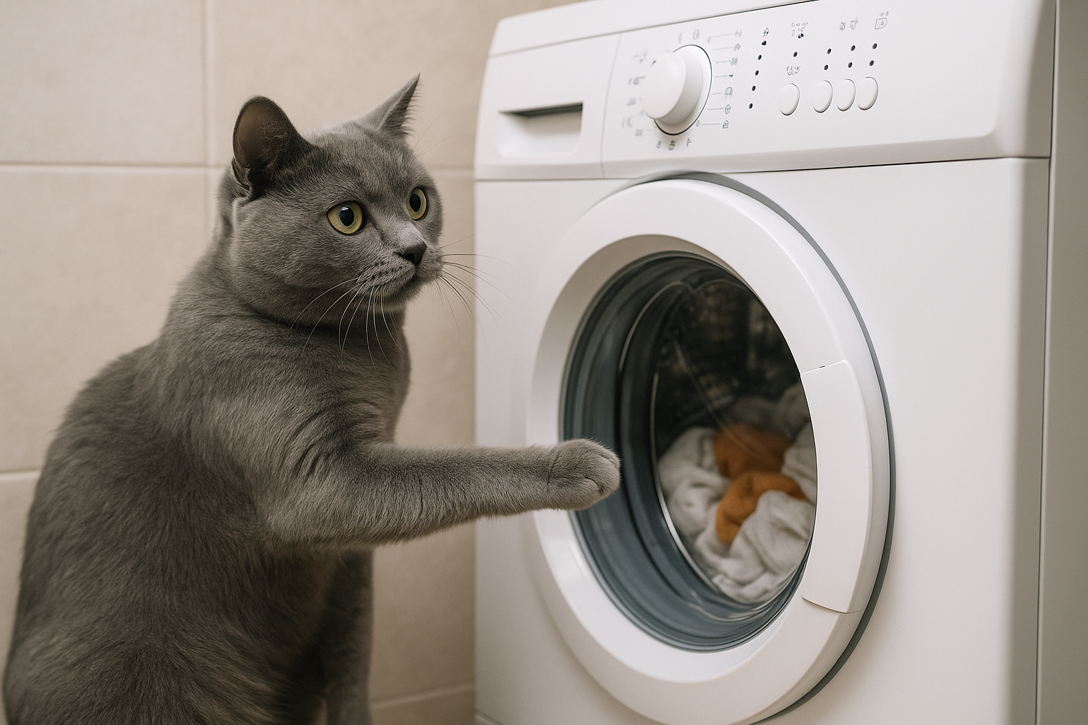 Grey Cat Using Washing Machine