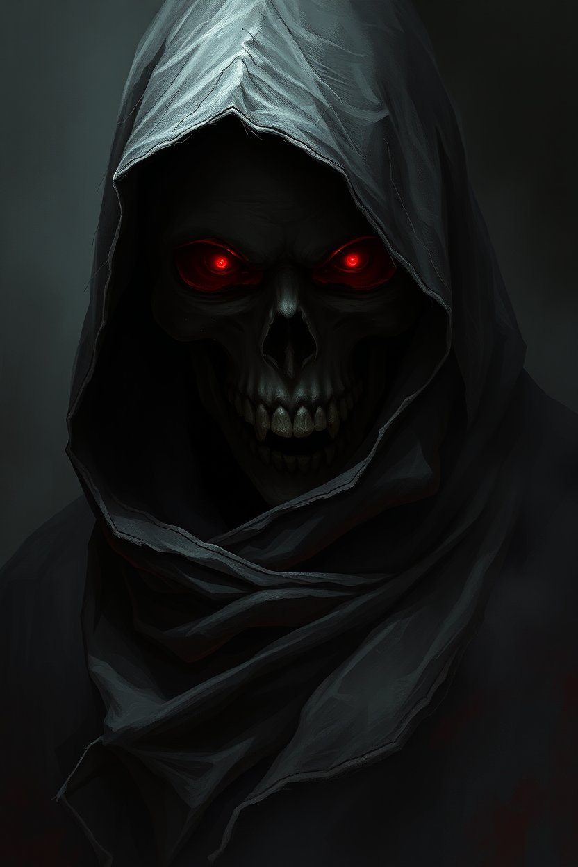 Grim Reaper with Glowing Red Eyes in Dark Hood