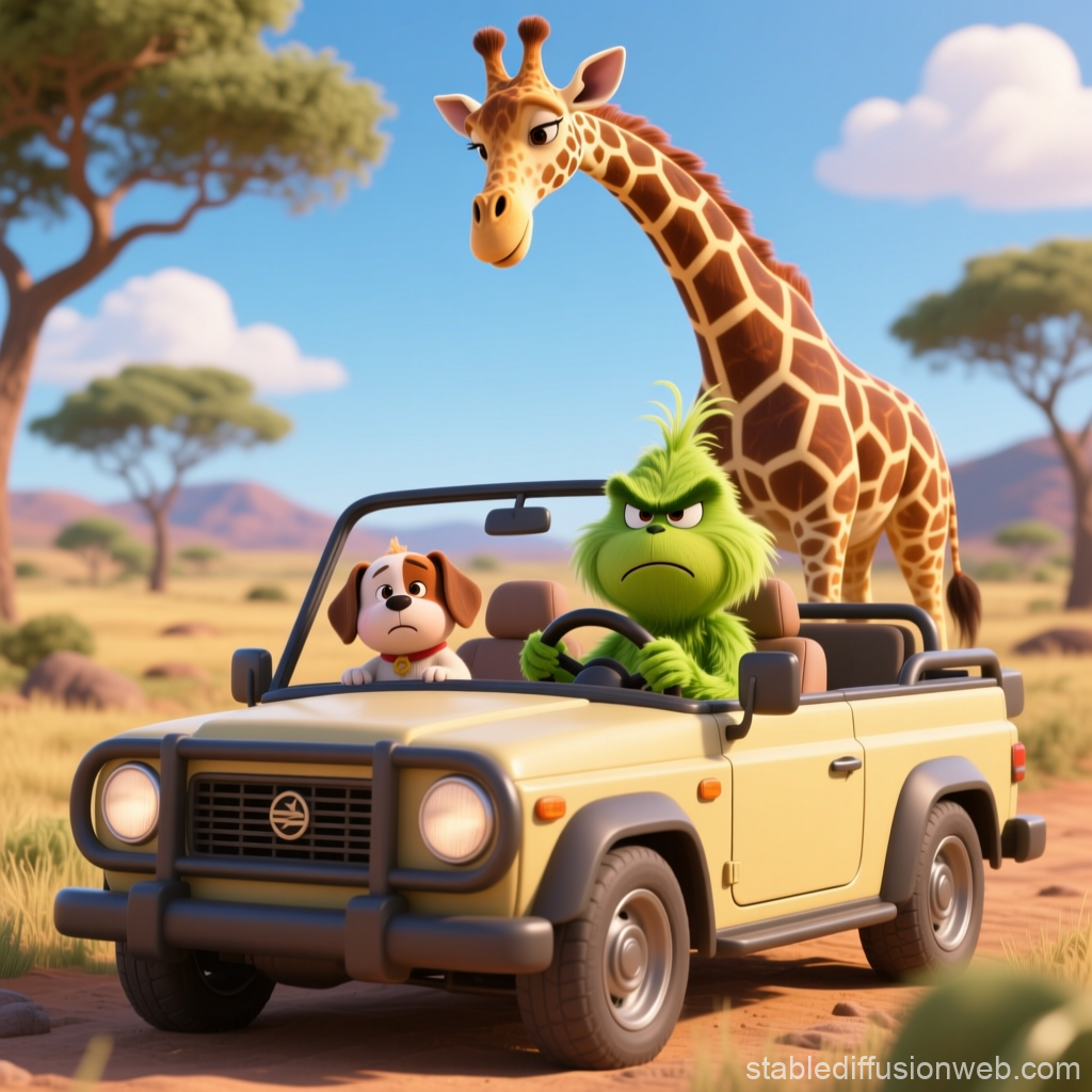 Grinch and Dog on Safari with Giraffe
