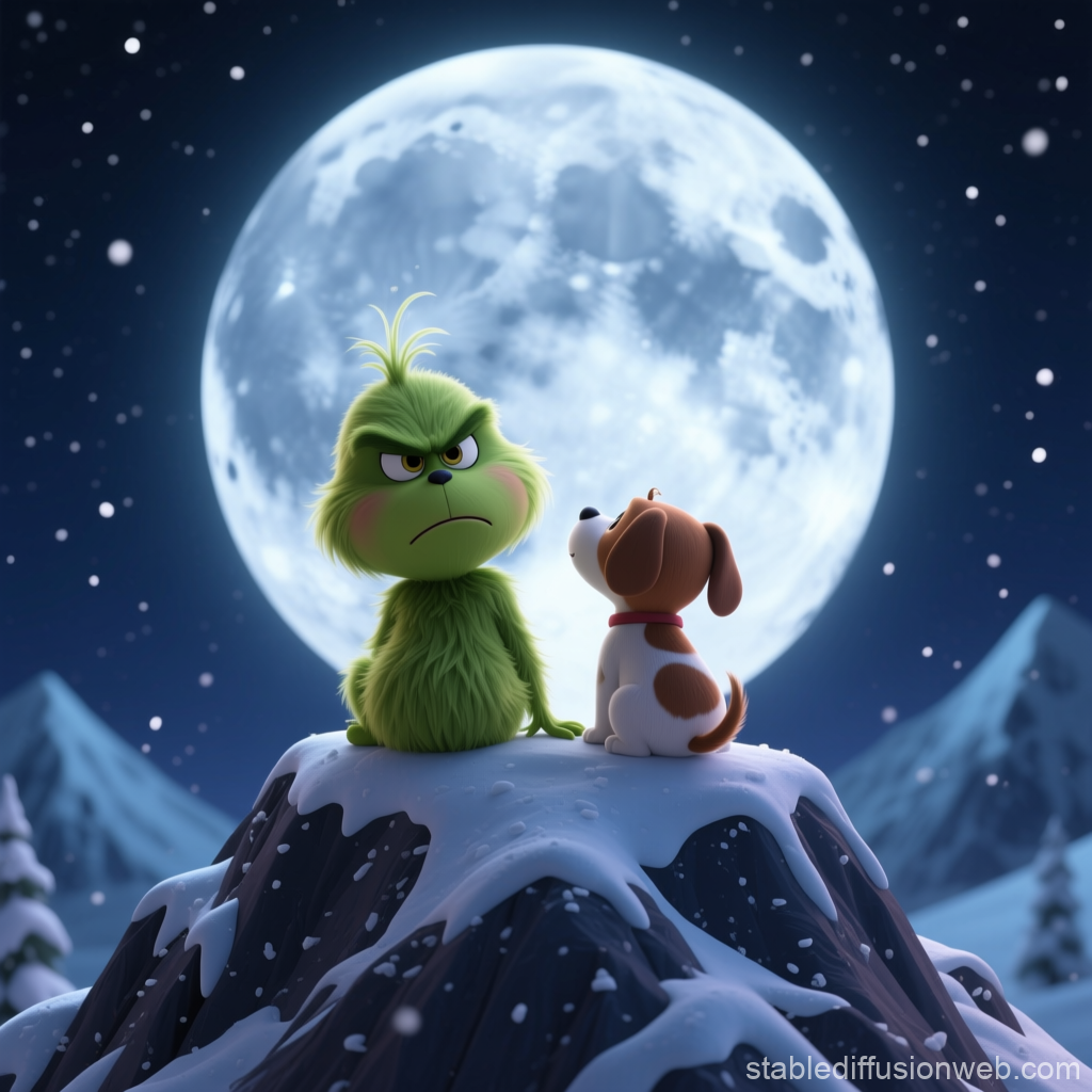 Grinch and Max Sitting on Snowy Mountain Under Full Moon
