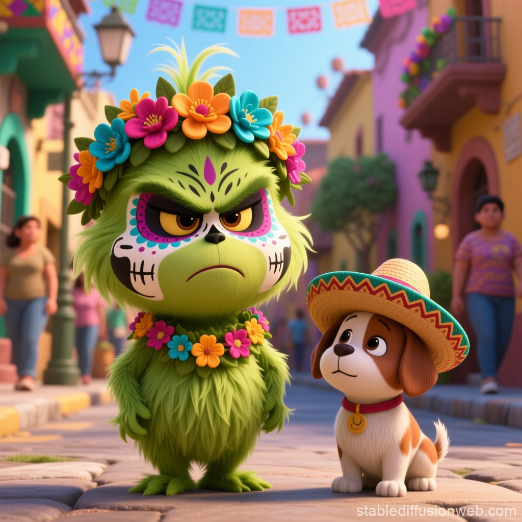 Grinch Character with Skull Makeup and Festive Dog in Colorful Street
