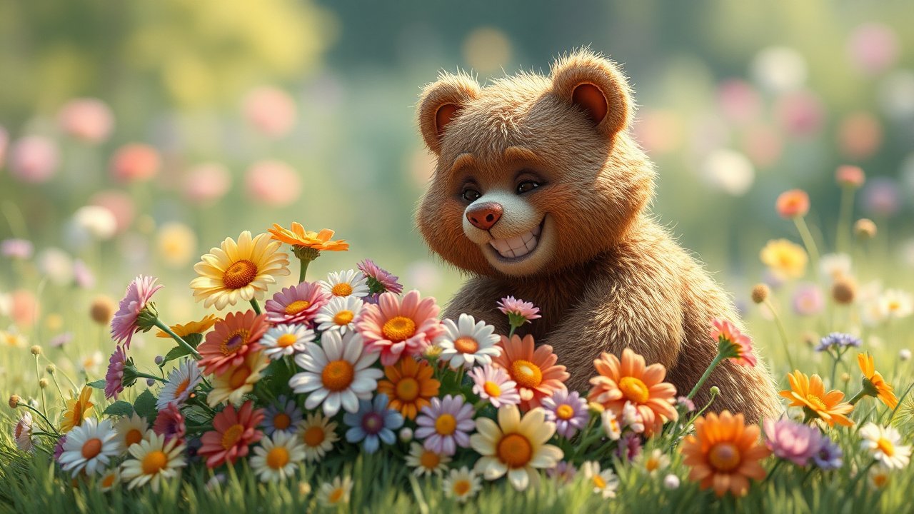 Grinning Cartoon Bear Among Colorful Flowers