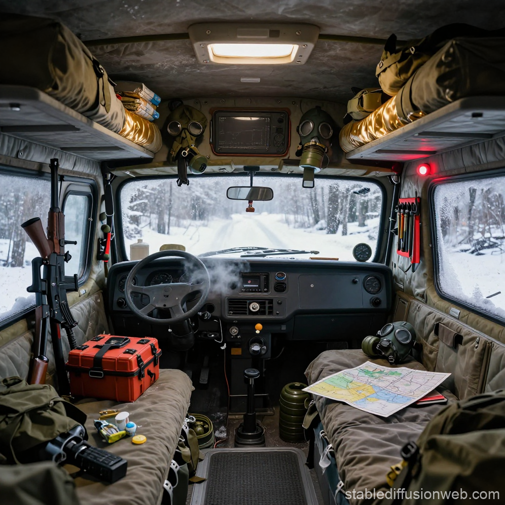 Gritty Post-Apocalyptic Survival Vehicle Interior in Snowy Landscape