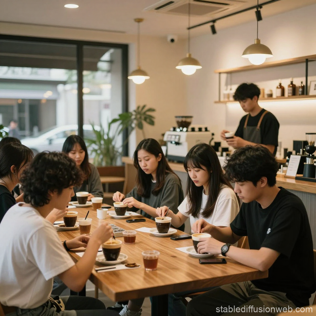 Group Enjoying Coffee Tasting Workshop in Modern Cafe