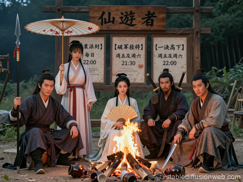 Group of Ancient Warriors and Maidens by Campfire