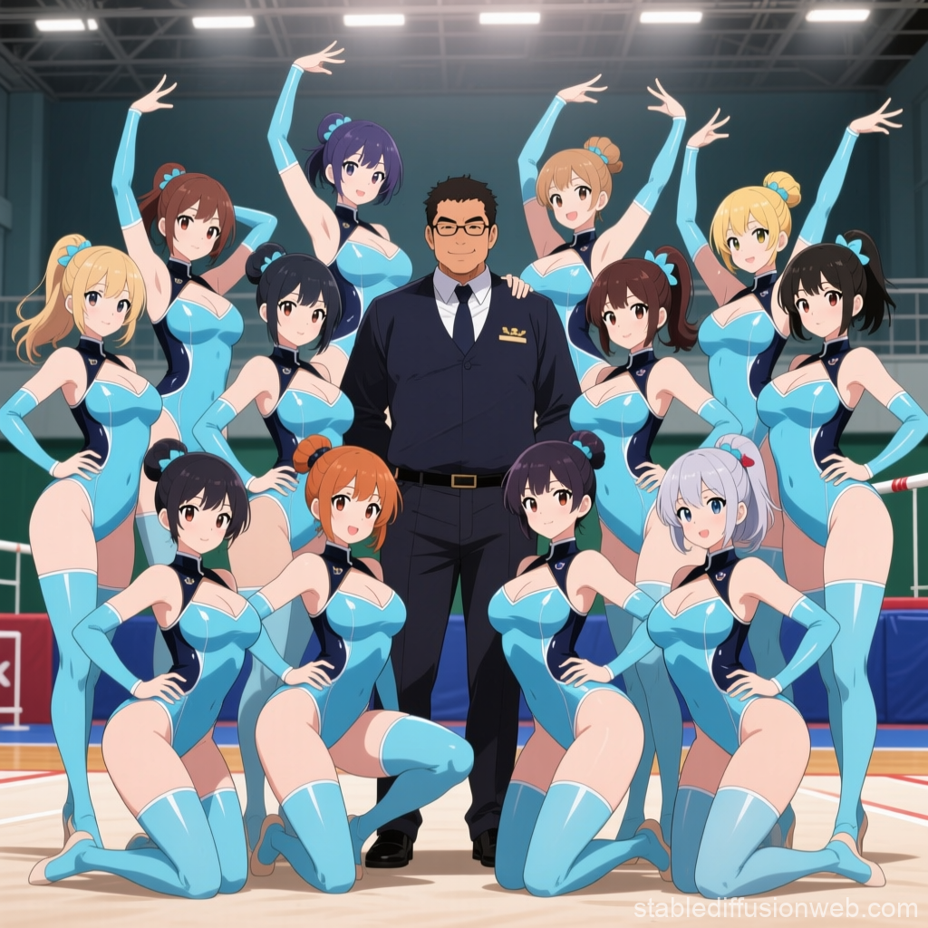 Group of Cheerleaders with Coach in Gymnasium