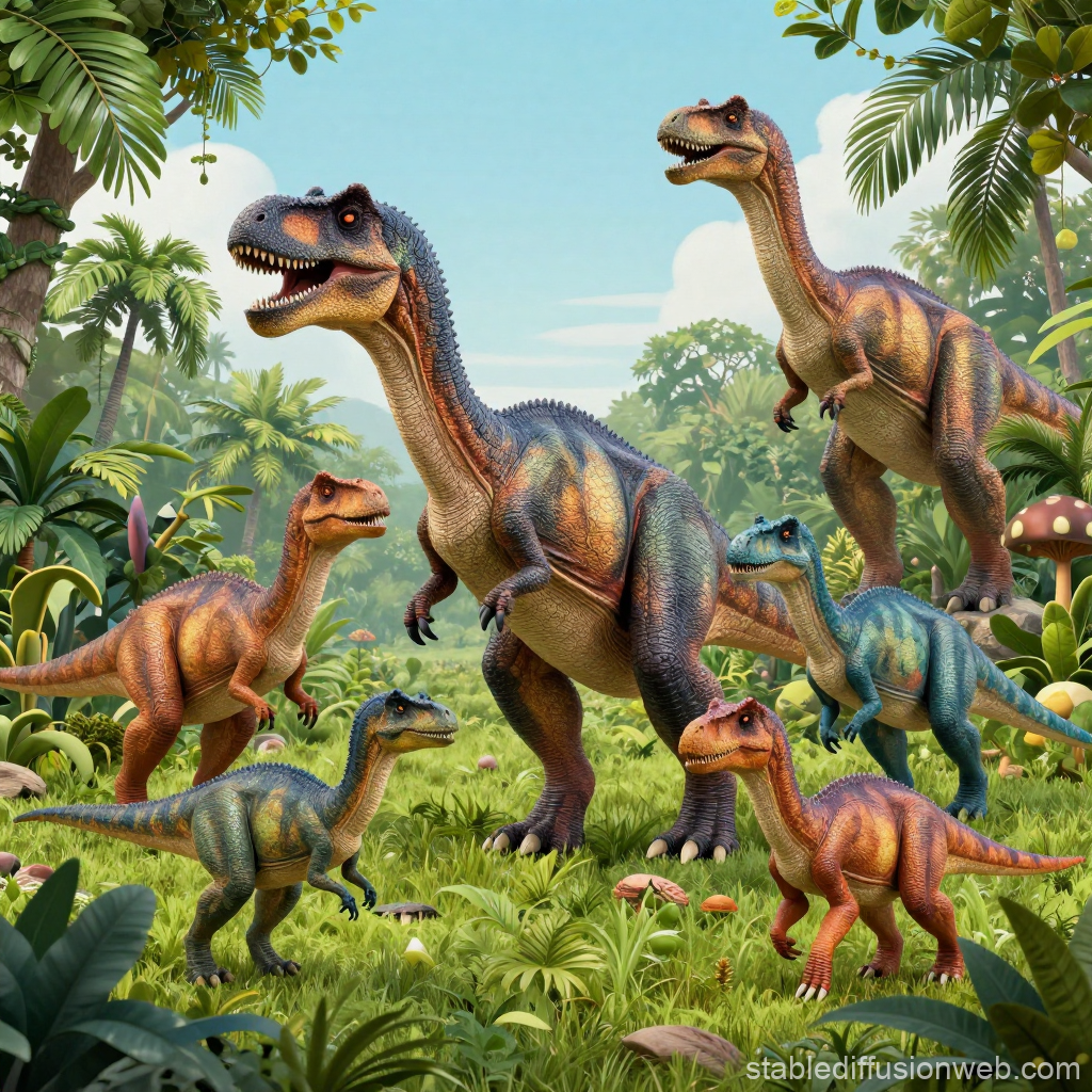 Group of Dinosaurs in a Lush Jungle