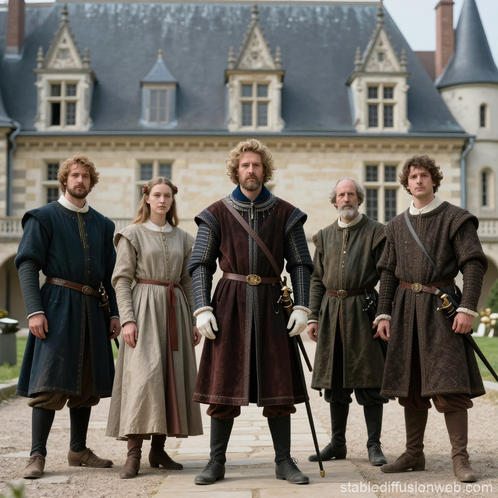Group of French Knights and Noblewoman in Medieval Attire