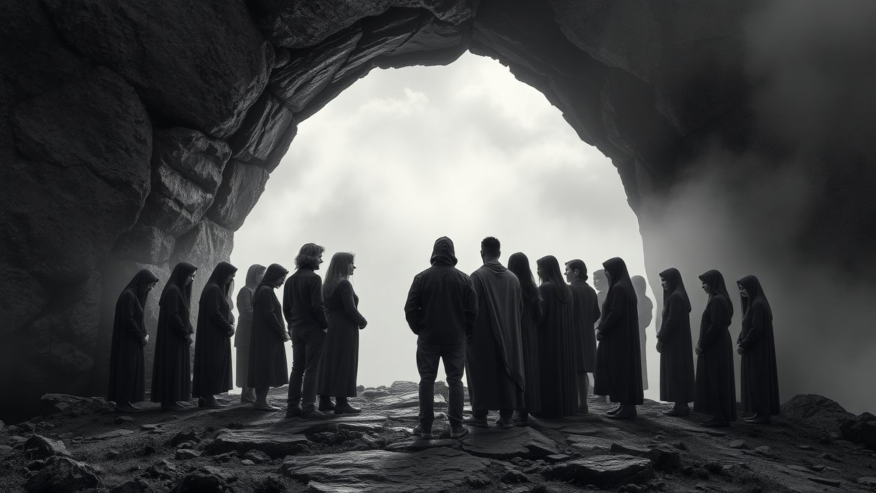 Group of Hooded Figures in a Dark Cave Entrance