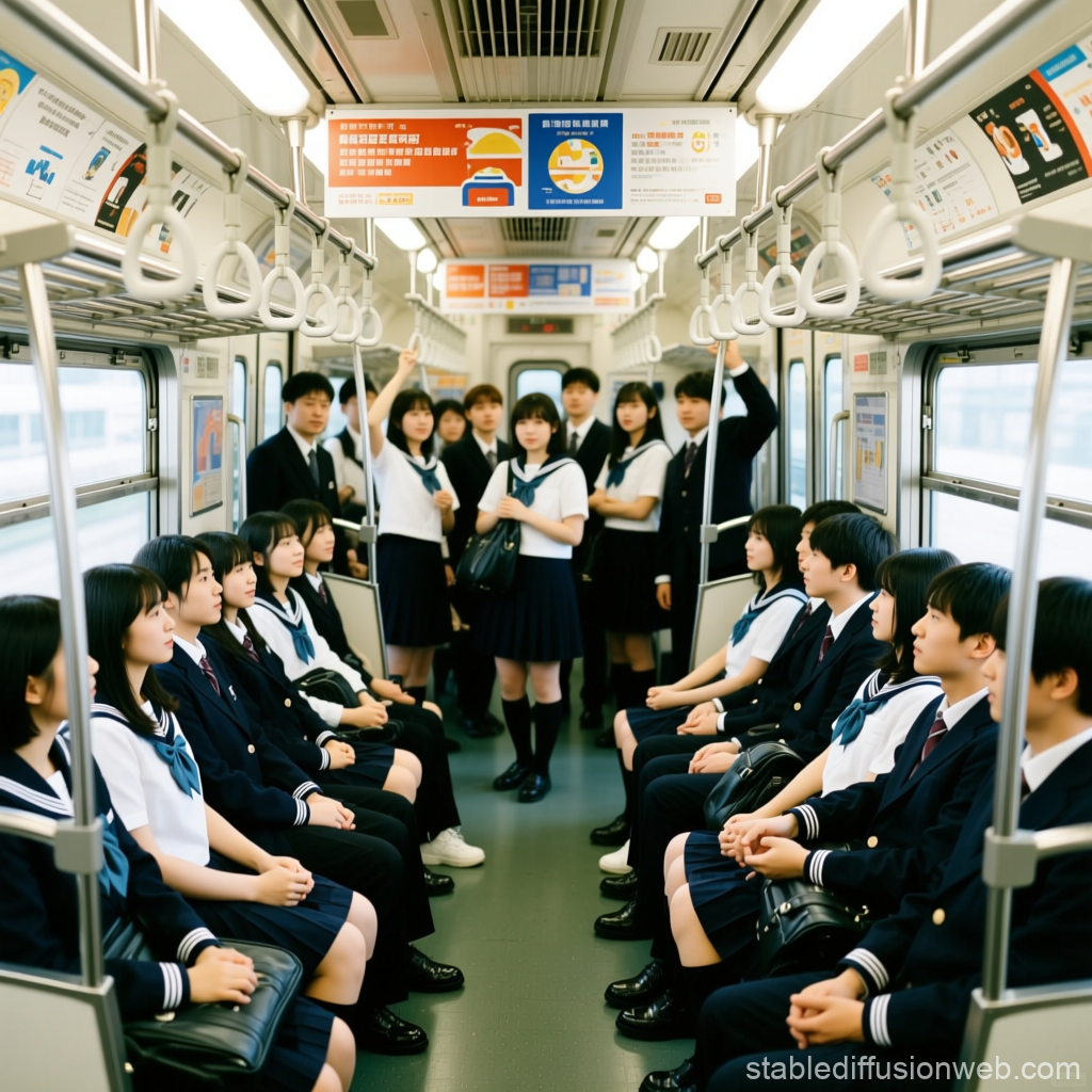 Group of Japanese Students in School Uniforms on a Train