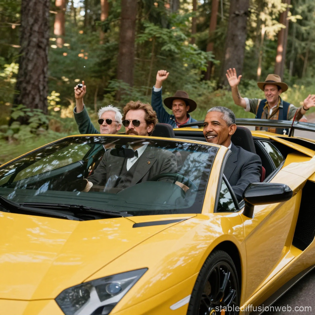 Group of Men Enjoying a Ride in a Yellow Convertible Sports Car