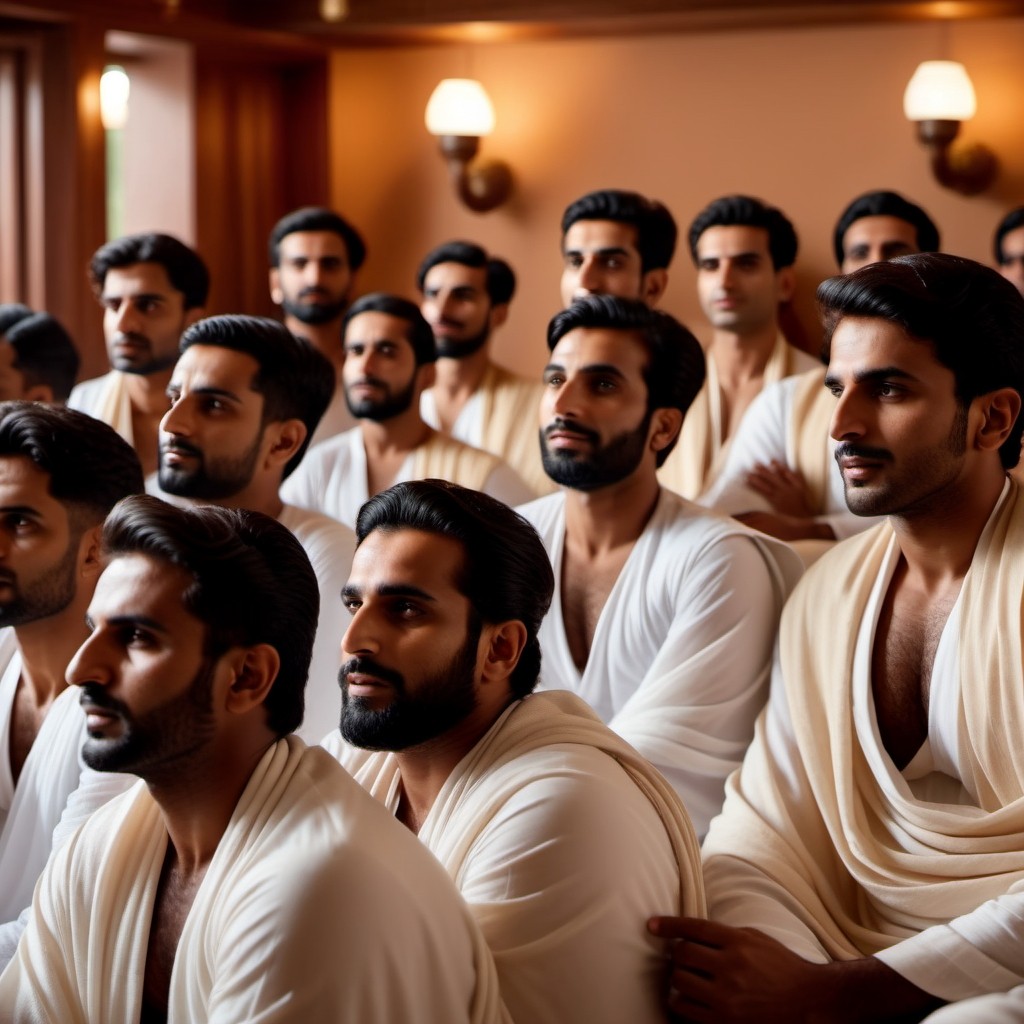 Group of Men in Traditional White Robes in Warm Indoor Setting