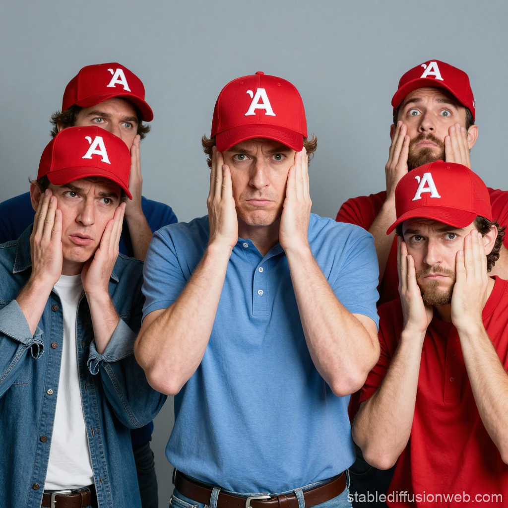 Group of Men Wearing Red Caps with Surprised Expressions