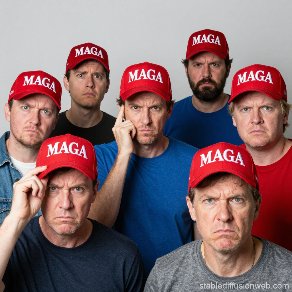 Group of Men Wearing Red MAGA Hats with Serious Expressions