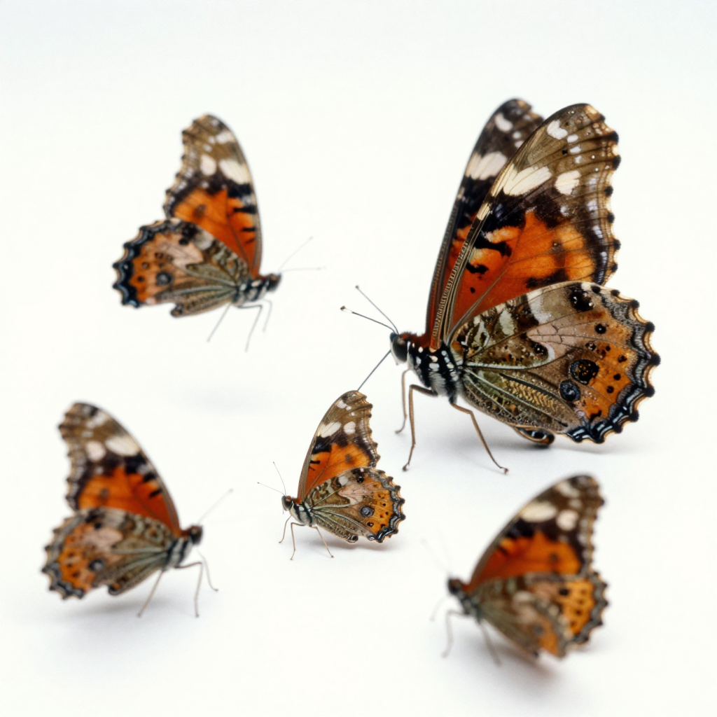 Group of Painted Lady Butterflies on White Background