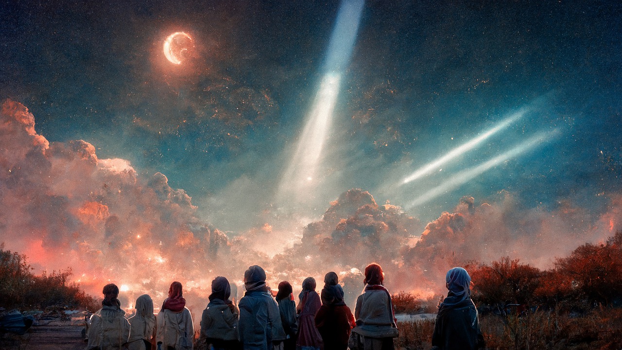 Group of People Gazing at a Mystical Night Sky with Moon and Beams