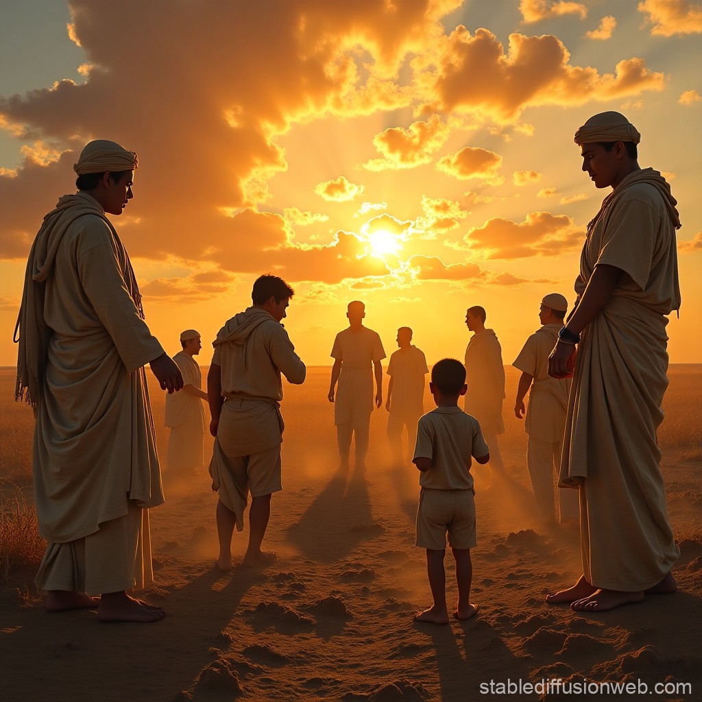 Group of People in Traditional Robes at Sunset in Desert