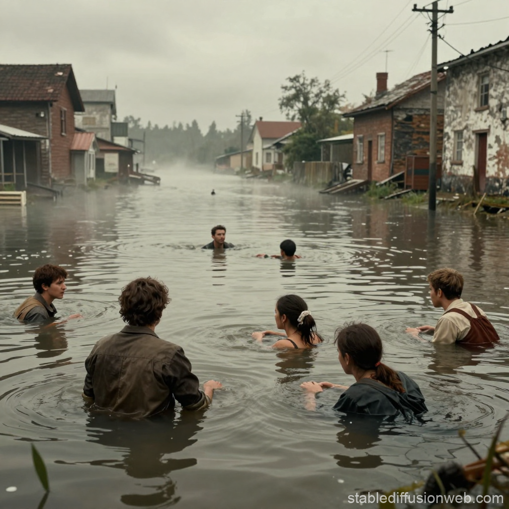 Group of People Wading Through Flooded Colonial Village