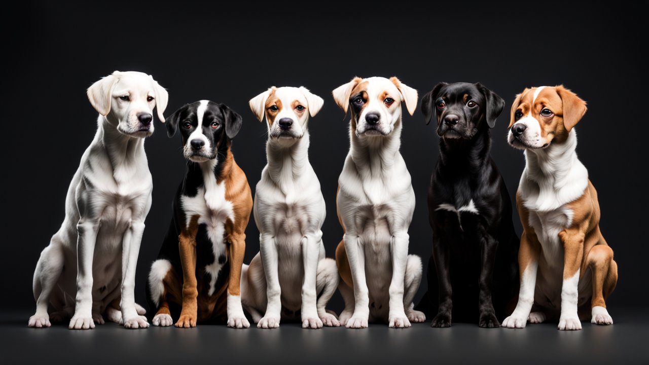 Group of Six Dogs Sitting in a Row on Dark Background