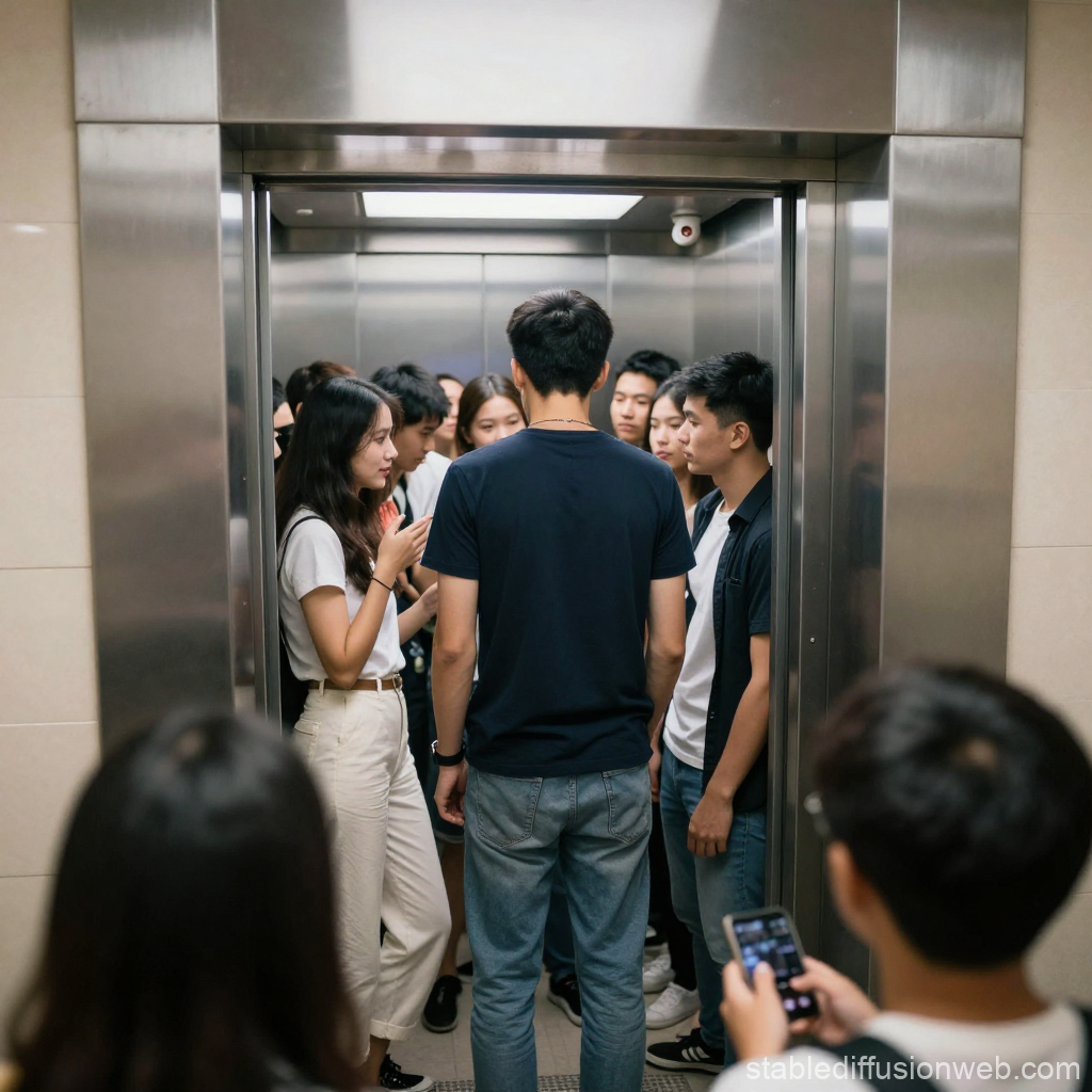 Group of Students Crowded Inside Elevator