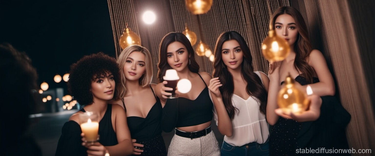 Group of Stylish Young Women Enjoying Evening Together