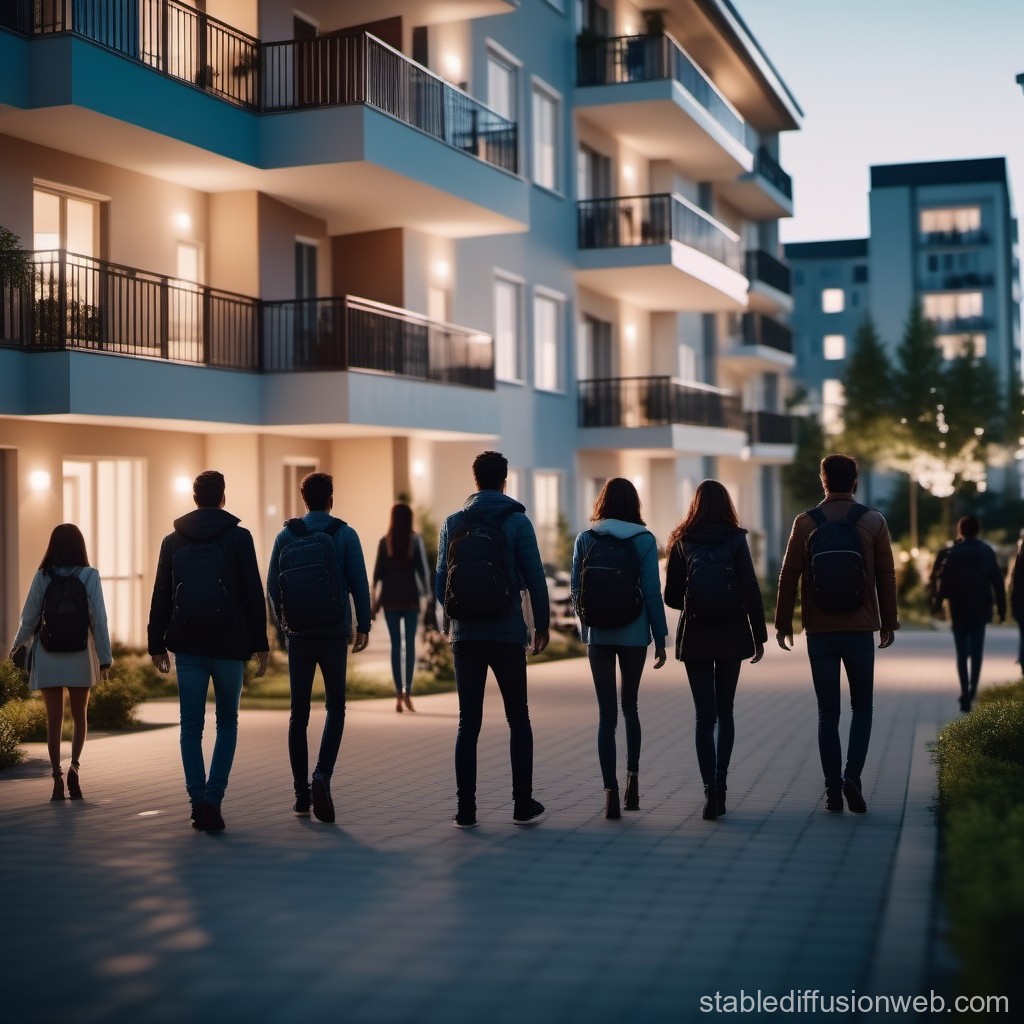 Group of Young People Walking in Modern Residential Area at Dusk