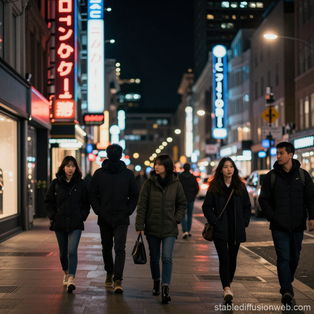 Group of Young People Walking in Neon-Lit City at Night