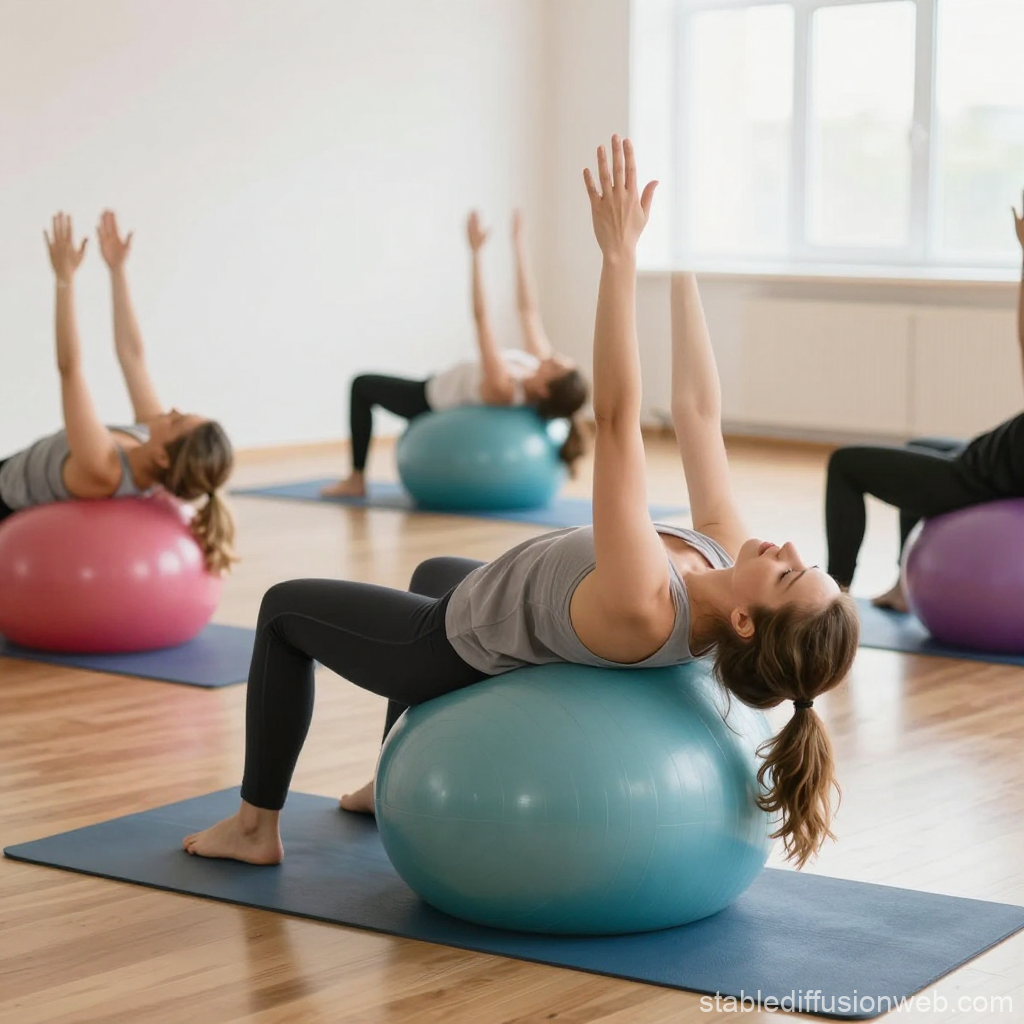 Group Yoga Class Using Exercise Balls in Bright Studio