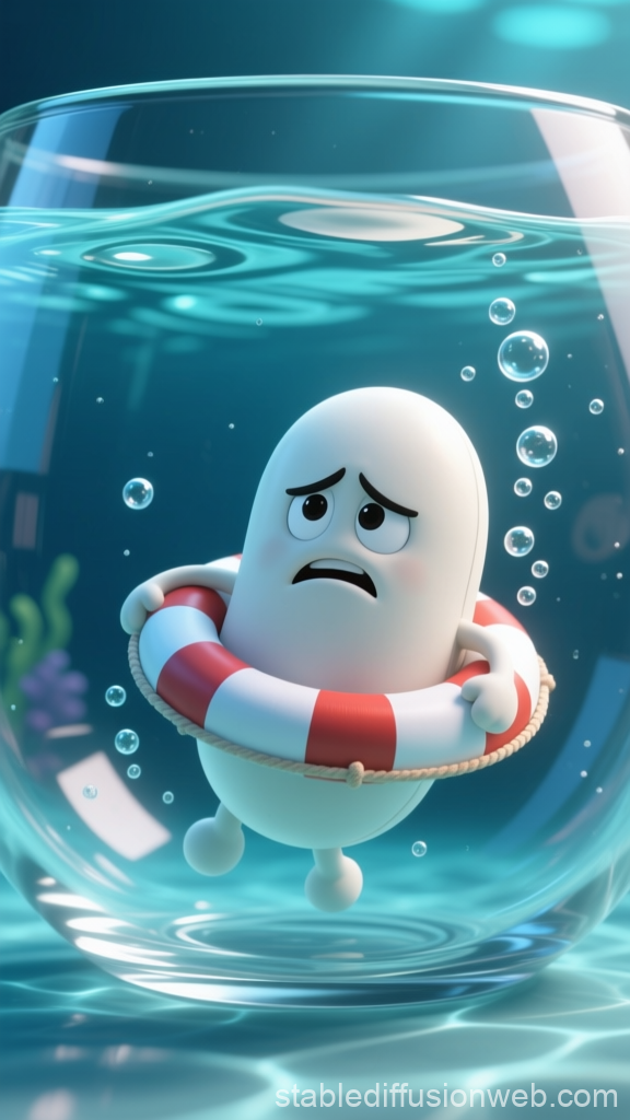 Grumpy Bean Character Floating in Water with Life Preserver