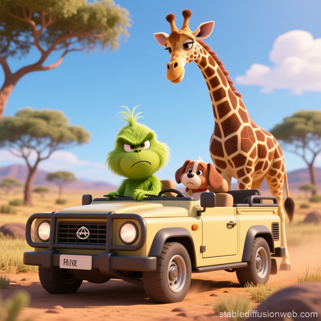 Grumpy Grinch Driving Safari Jeep with Dog and Giraffe