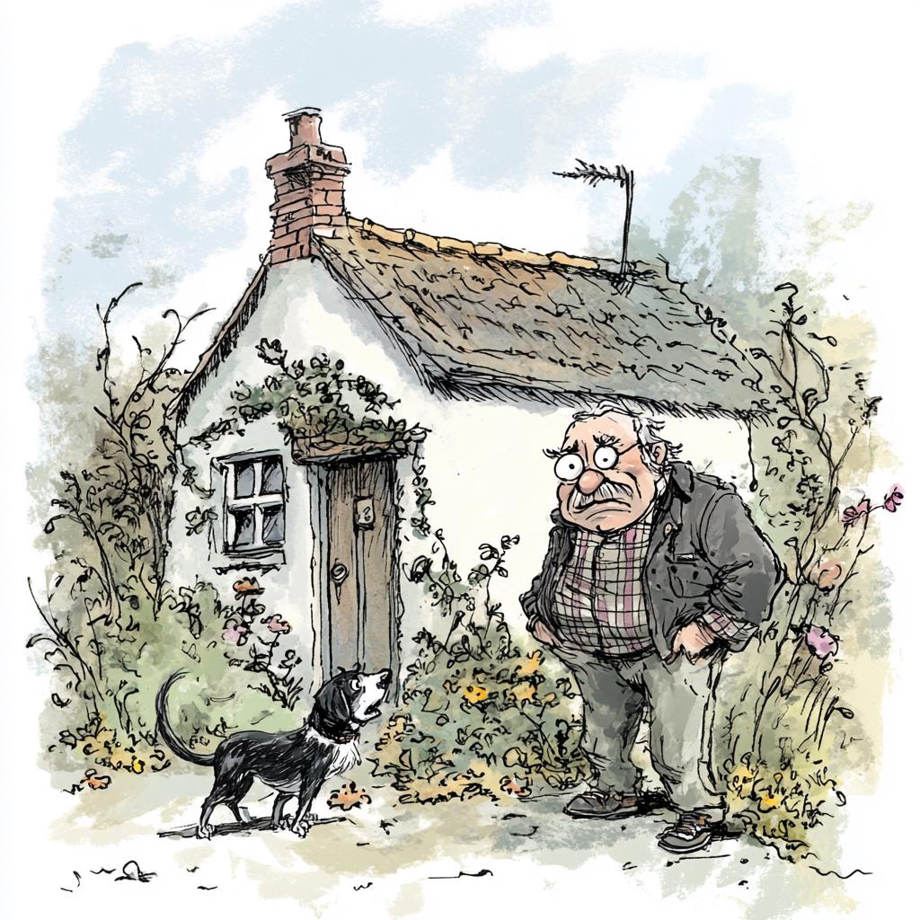 Grumpy Man and Dog Outside Cozy Cottage