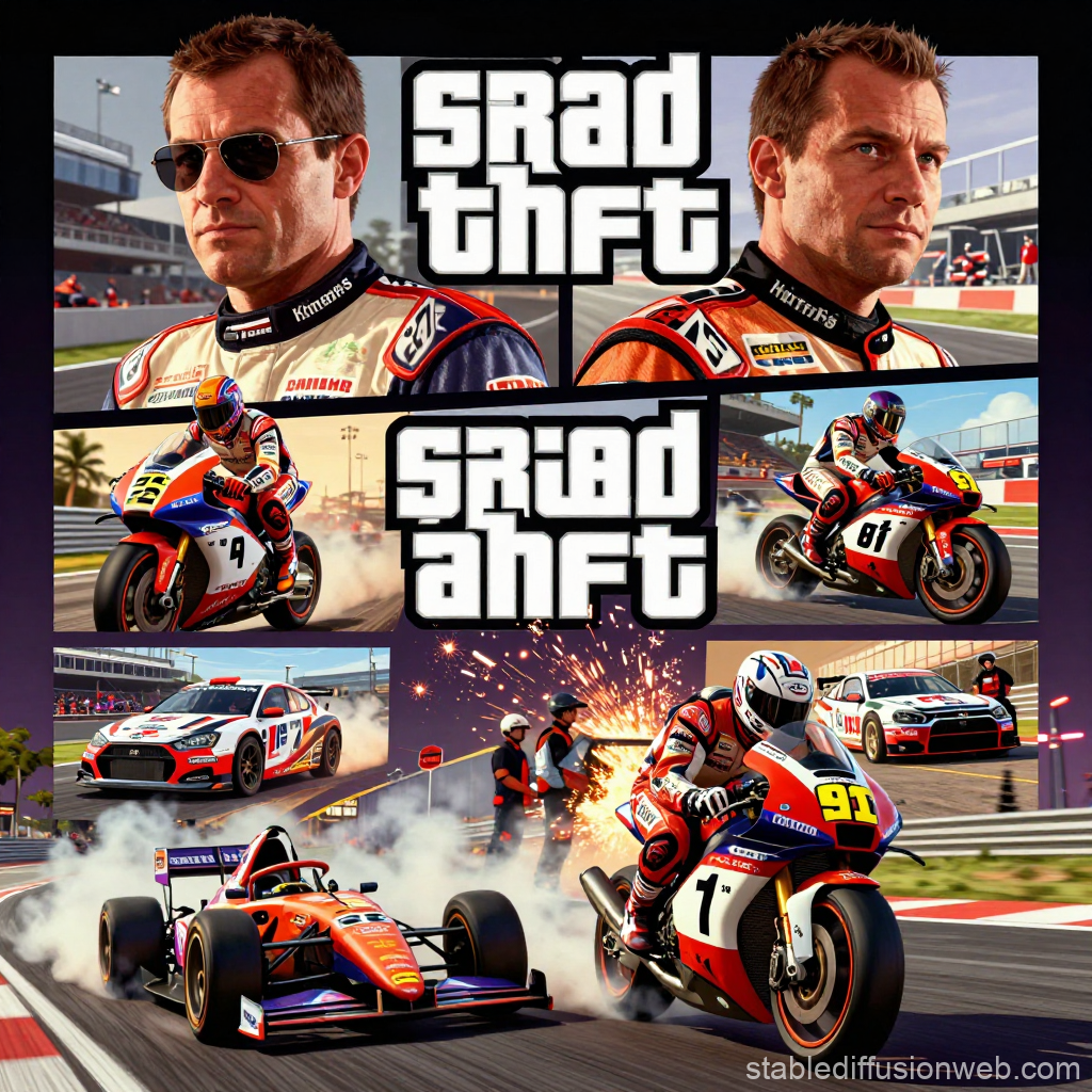 GTA Style Motorsport Game Cover Featuring Racing Drivers and Vehicles