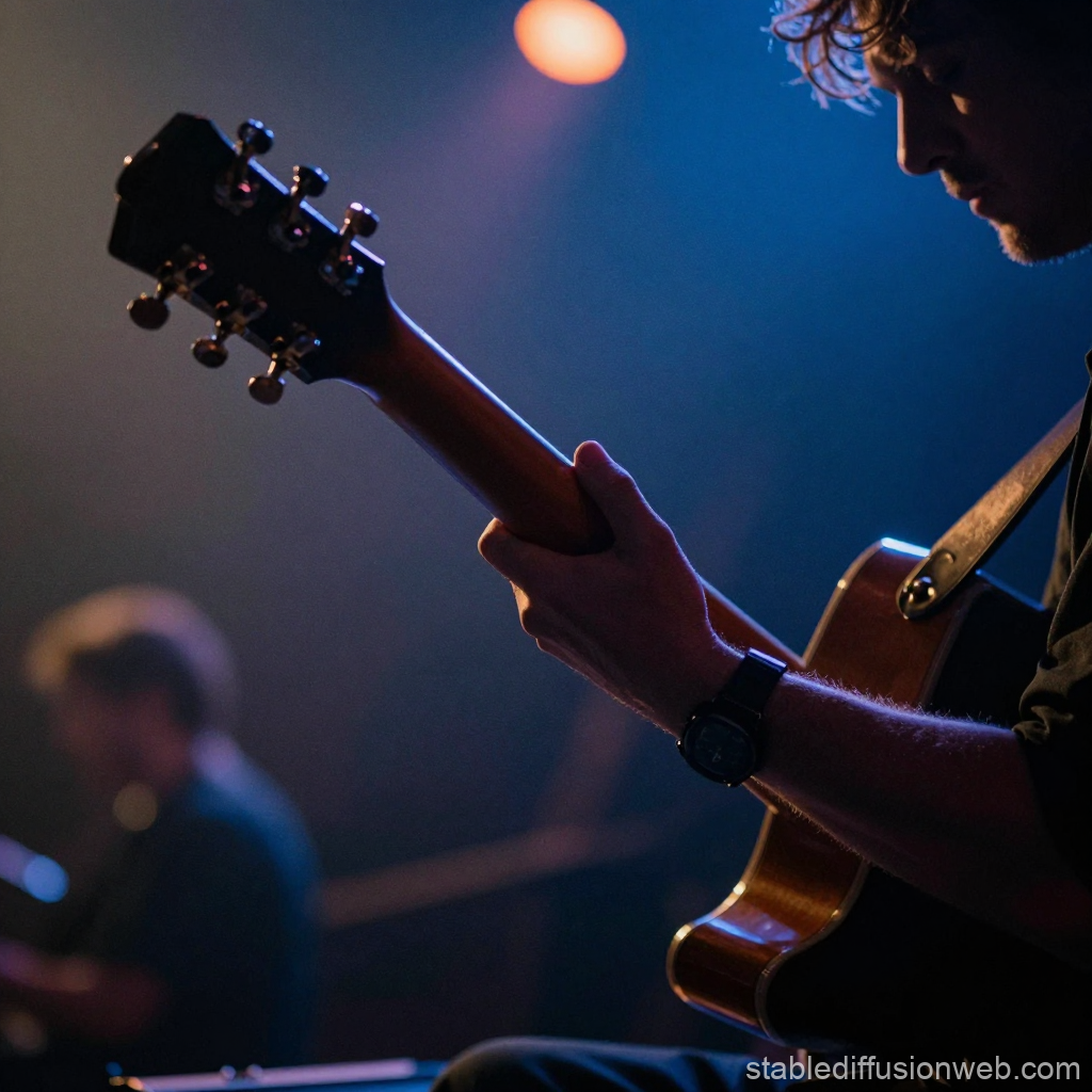 Guitarist Playing on Stage with Moody Lighting