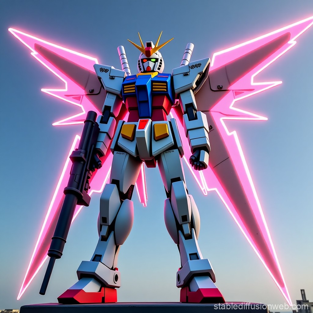 Gundam Robot with Neon Wings at Sunset