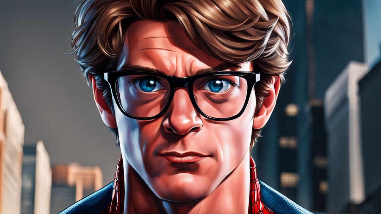 Half-Face Portrait of Spider-Man with Glasses in Cityscape