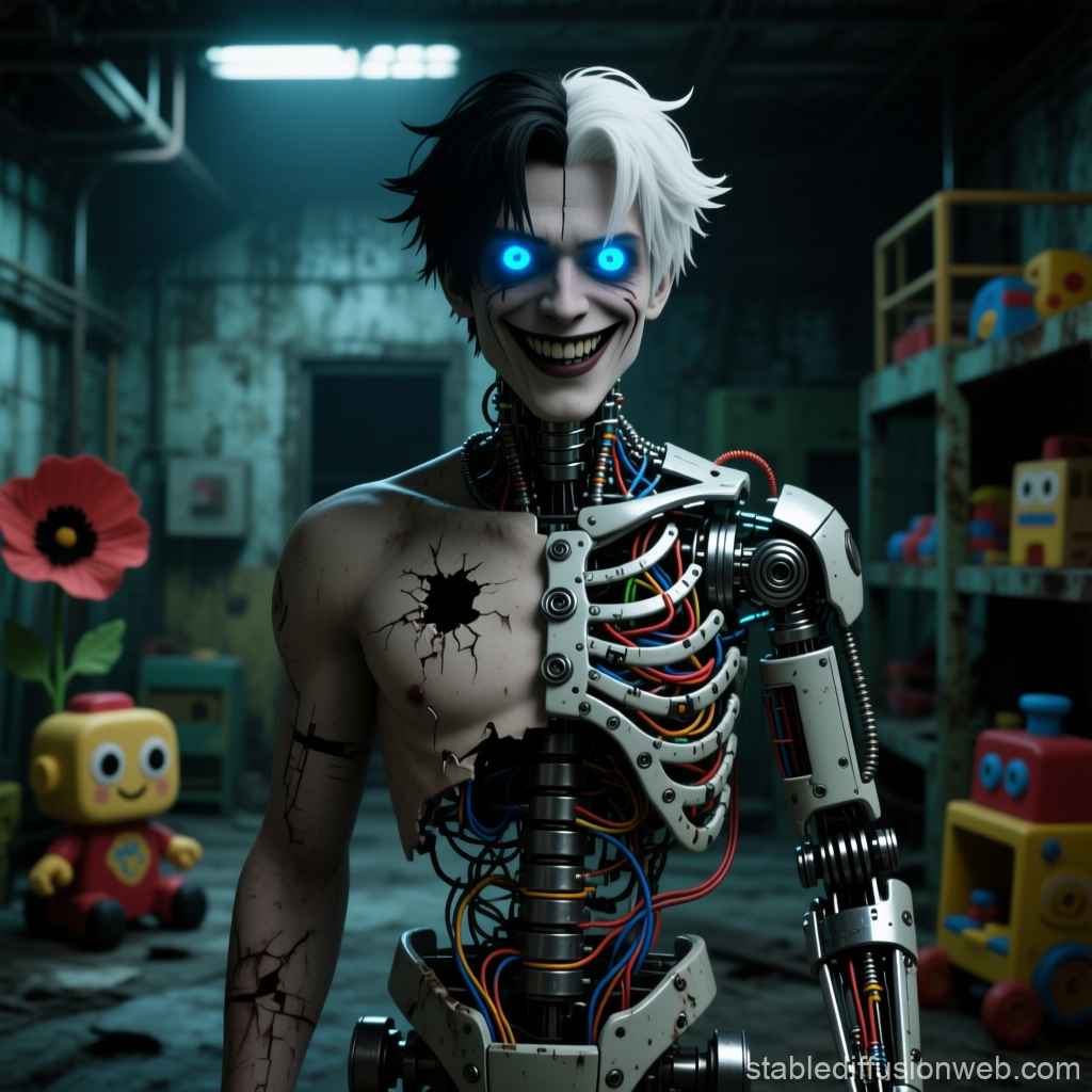 Half-Human Half-Animatronic Character with Glowing Eyes