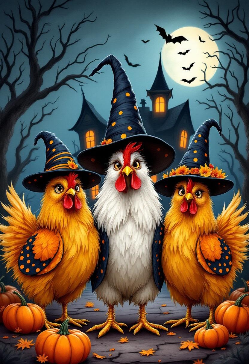 Halloween Chickens in Witch Hats with Pumpkins