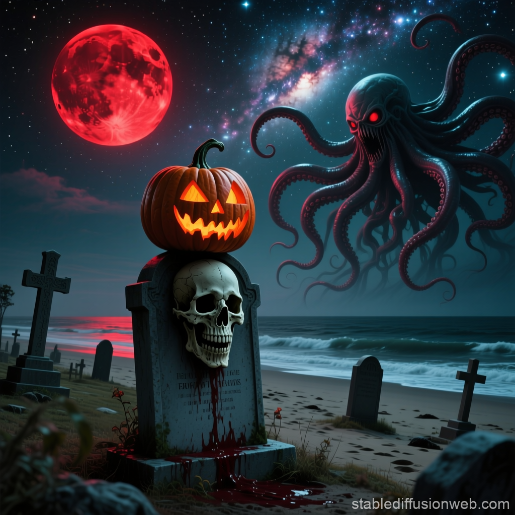 Halloween Graveyard with Jack O' Lantern and Cosmic Monster