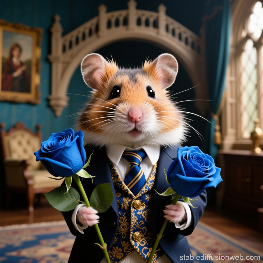 Hamster in Elegant Suit Holding Blue Roses