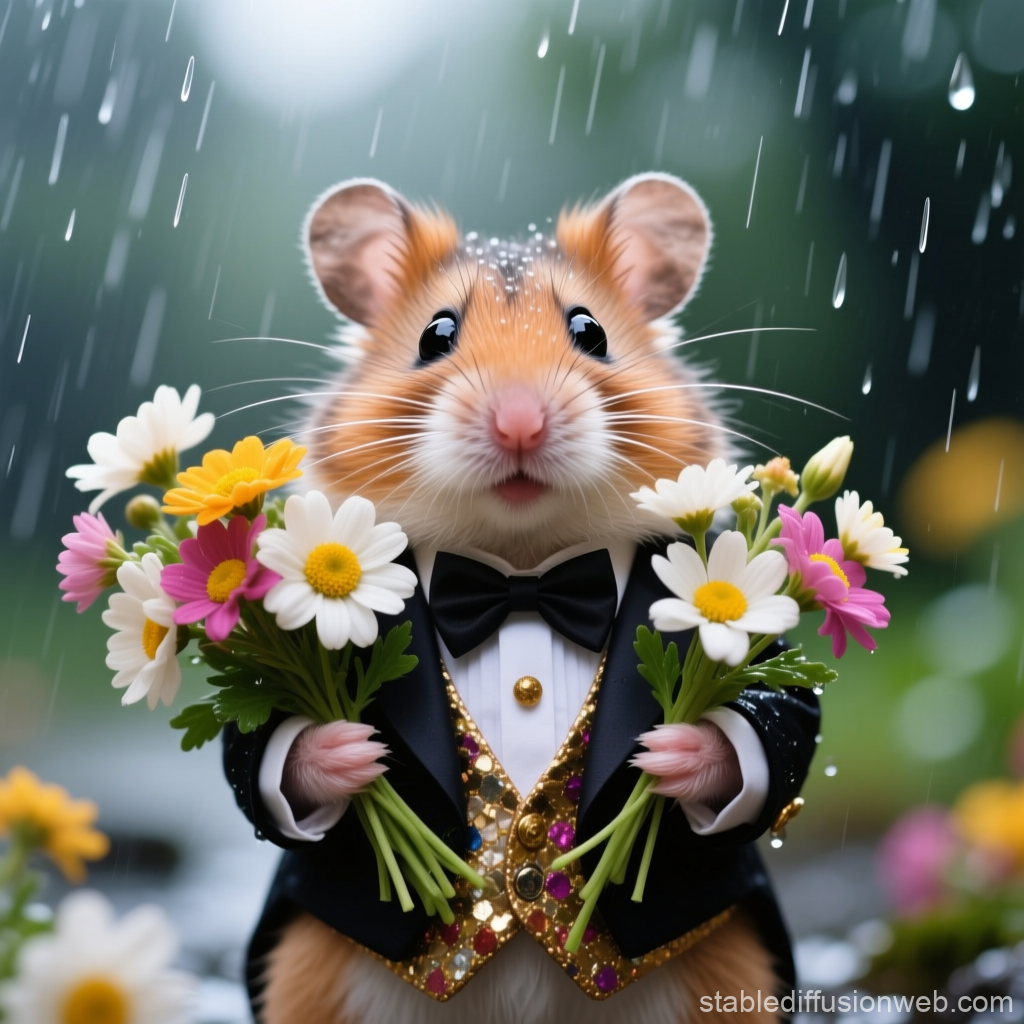 Hamster in Tuxedo Holding Flowers in the Rain