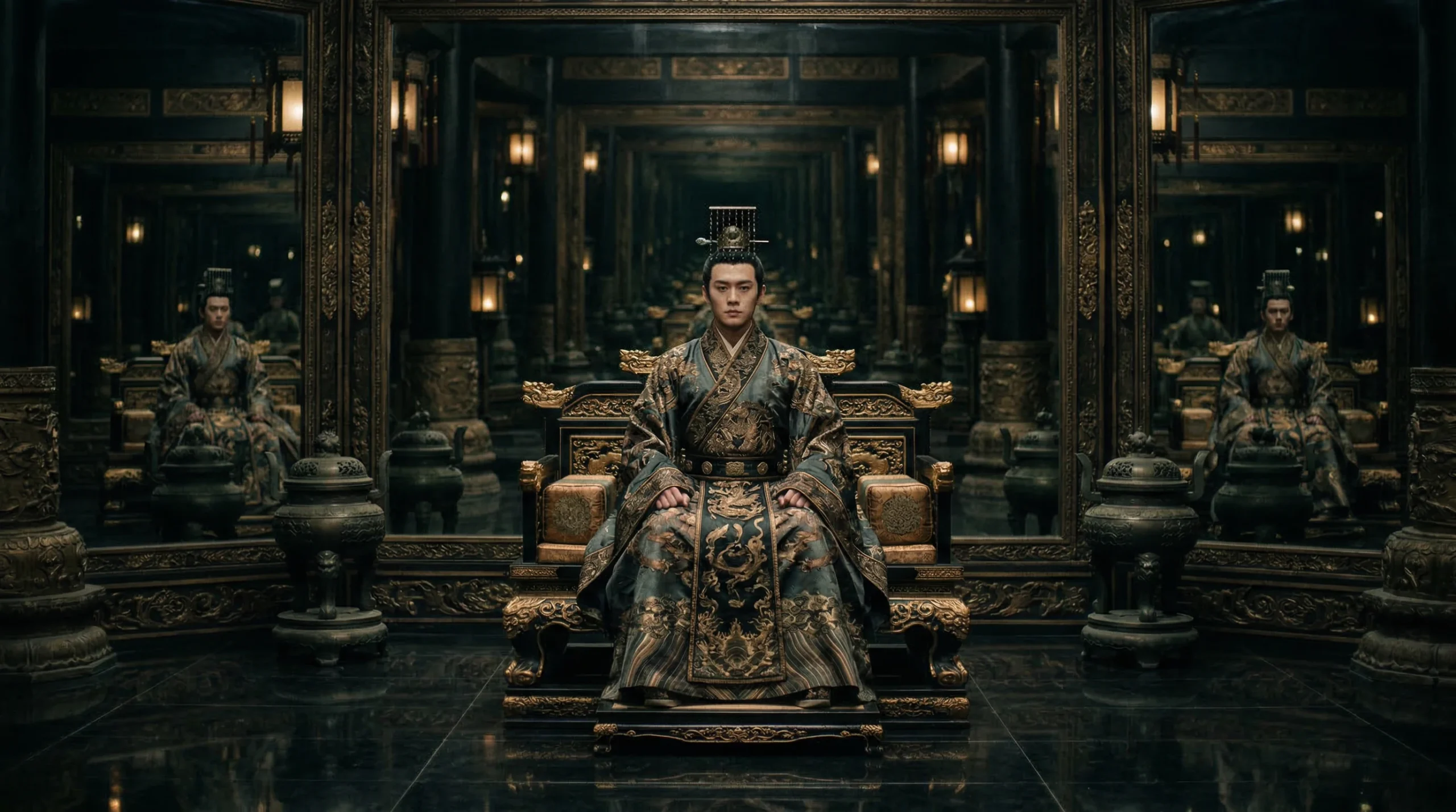 Han Emperor Seated on Ornate Throne with Infinite Mirror Reflection