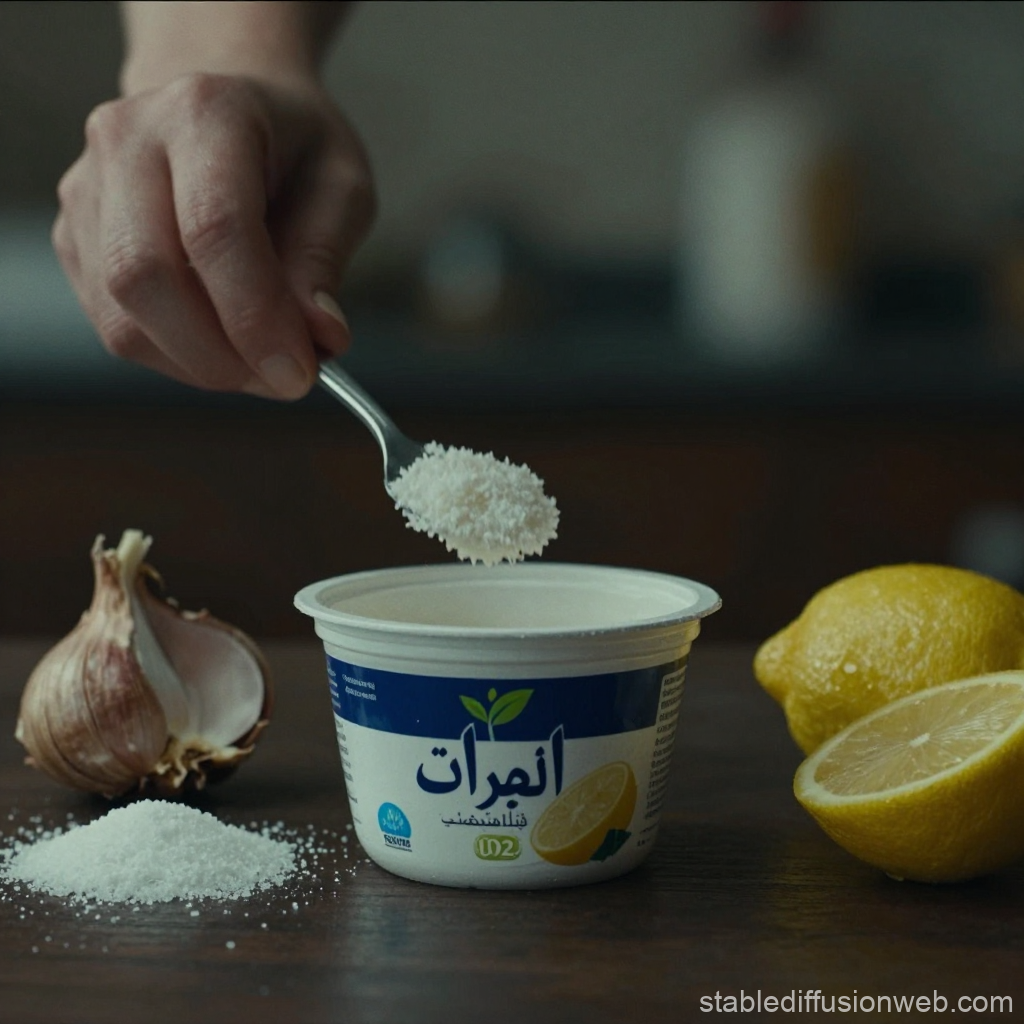Hand Adding Salt to Yogurt with Garlic and Lemon