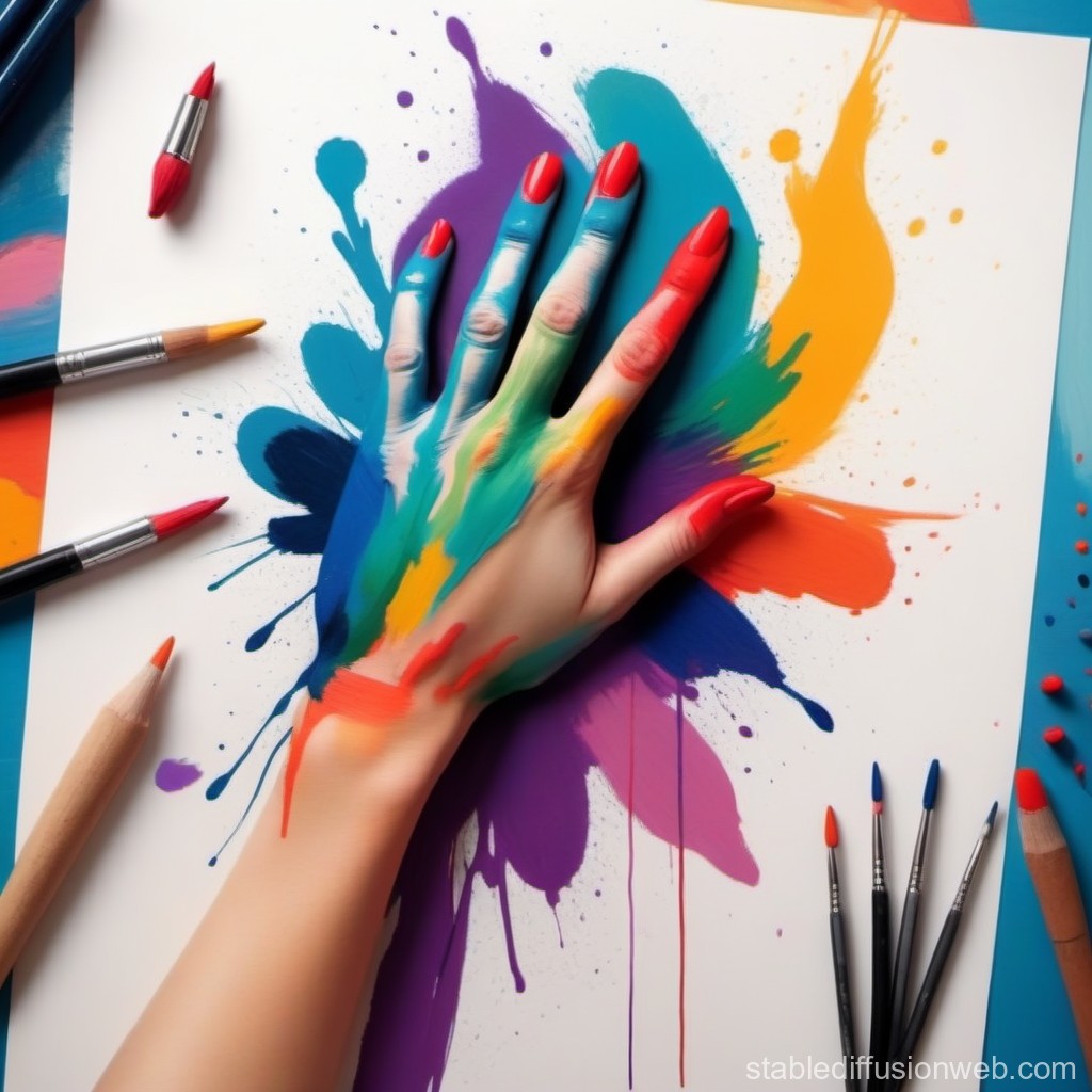 Hand Covered in Vibrant Paint Over Colorful Splashes