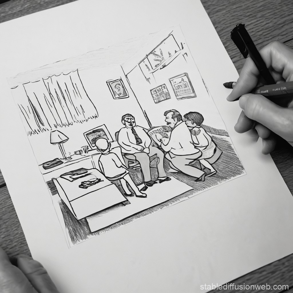 Hand Drawing a Family Scene in a Living Room