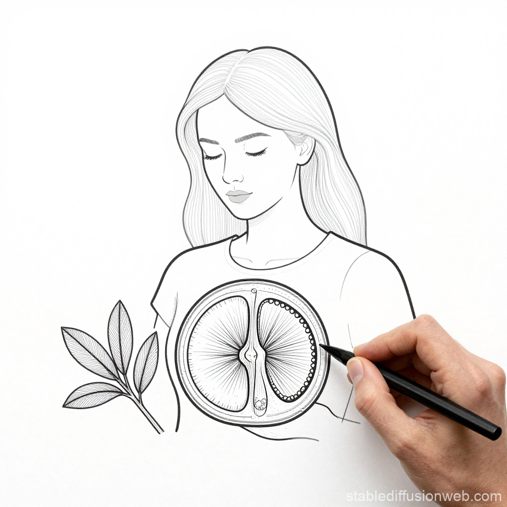 Hand-Drawn Illustration of a Woman with Citrus Slice and Leaves
