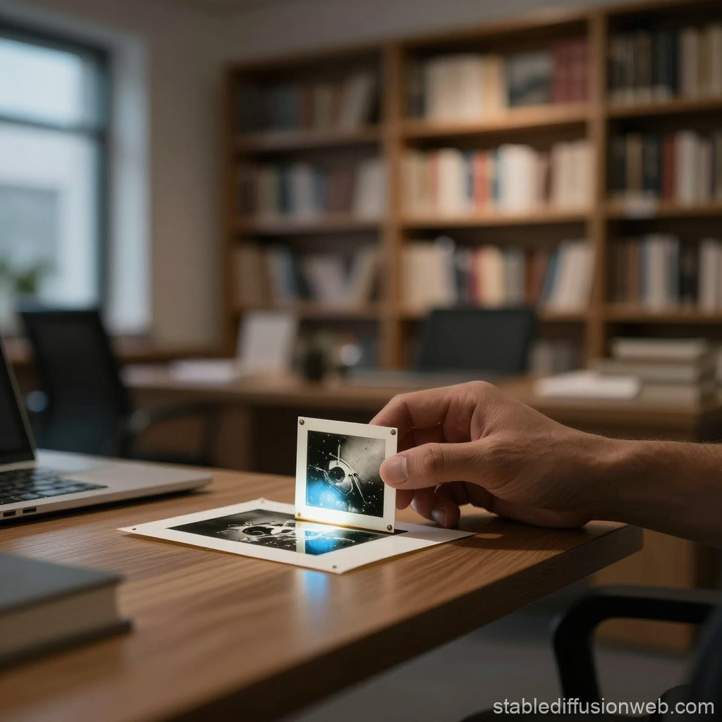 Hand Examining Space-Themed Slides on Wooden Desk