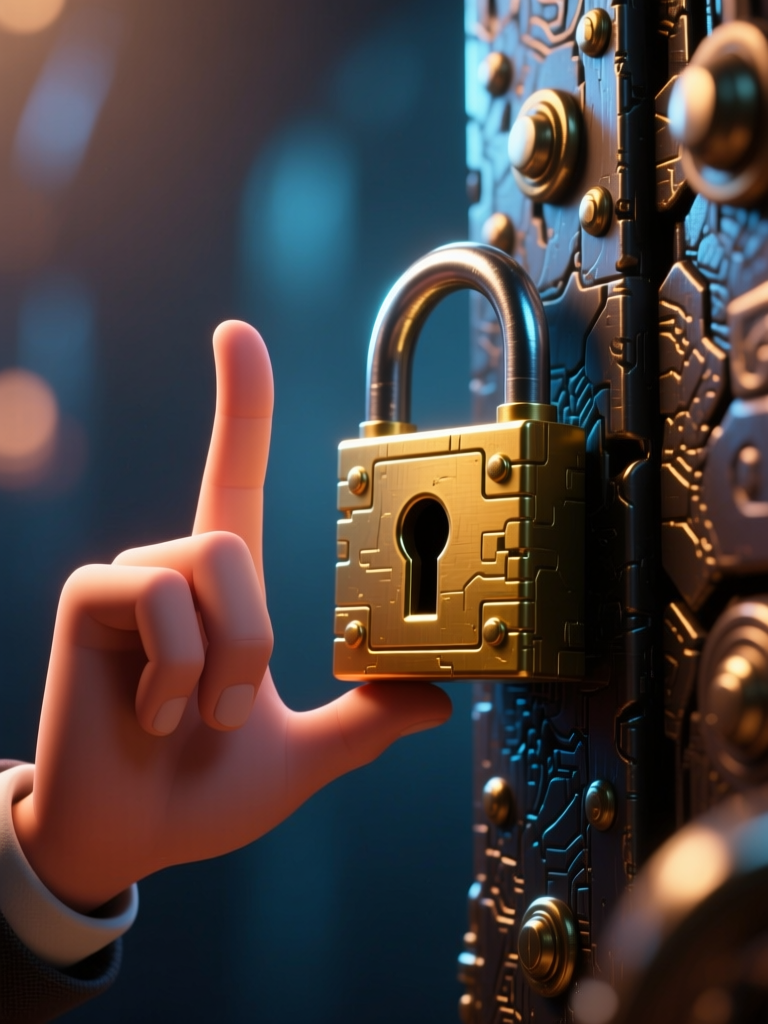 Hand Gesturing Near a Futuristic Golden Padlock