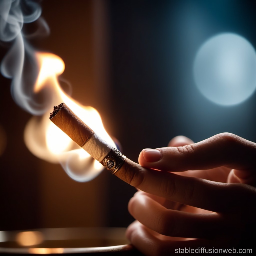 Hand Holding a Lit Cigar with Smoke in Low Light