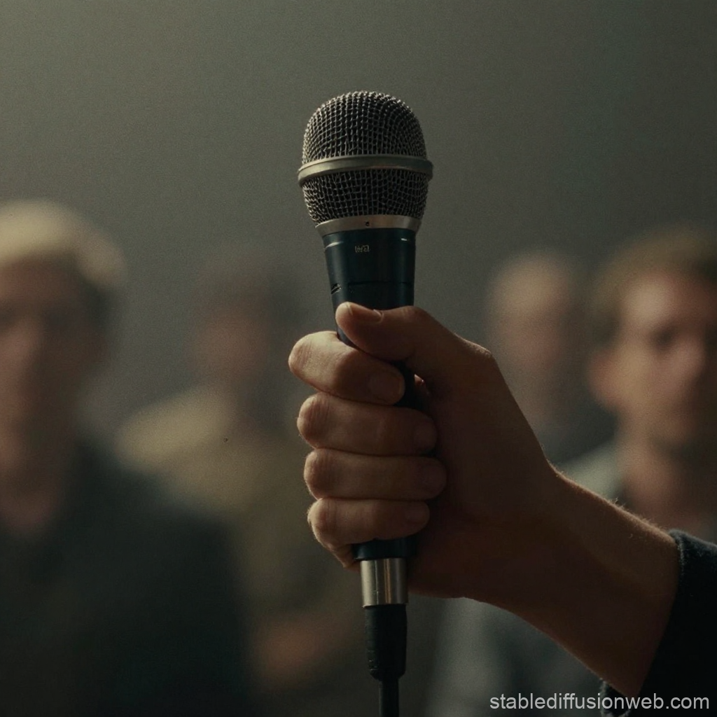 Hand Holding Microphone in Focus with Blurred Audience